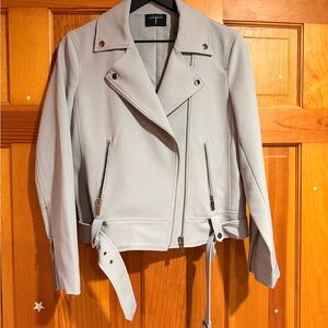 NWOT Tahari T Medium Light Gray Motorcycle Jacket Silver Hardware